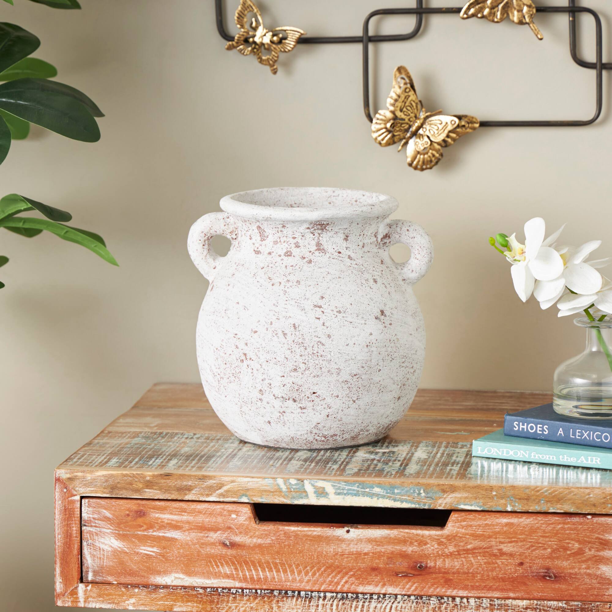10" Cream Ceramic Textured Vase with Handles